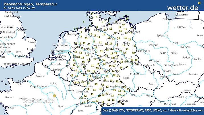 Die Temperaturen um 14 Uhr am Dienstag, 04.03.2025