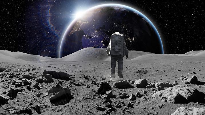An astronaut dressed in full spacesuit with backpack on the lunar surface, off the ground under low gravity looking towards the sun rising over earth. With copy space. Earth image from NASA https://eoimages.gsfc.nasa.gov/images/imagerecords/90000/90008/europe_vir_2016_lrg.png