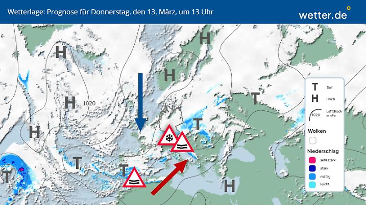 Wetterlage: Die Kaltluft von norden trifft auf die warmfeuchte Luft am Mittelmeer.