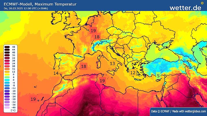 Die maximalen Temperaturen am Donnerstag, 20.03.2025