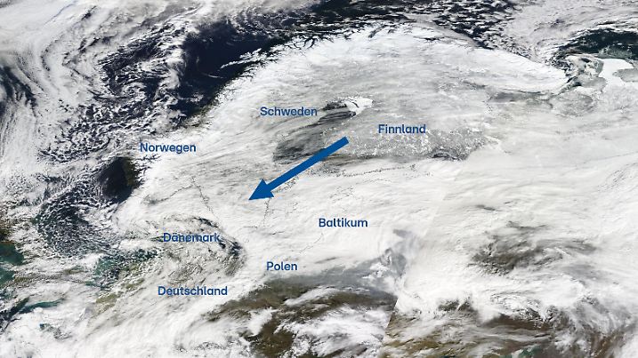 Satellitenbild vom 12. März 2025: Schnee und Eis breiten sich von Nordosten wieder aus.