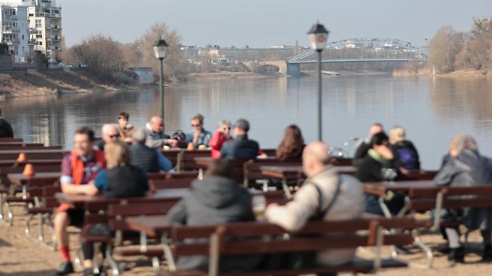 ARCHIV - 08.03.2025, Sachsen-Anhalt, Magdeburg: Besucher sitzen bei strahlendem Sonnenschein am Elbufer in einem Biergarten. (zu dpa: «Hohe Feinstaubbelastung in Sachsen-Anhalt») Foto: Matthias Bein/dpa +++ dpa-Bildfunk +++