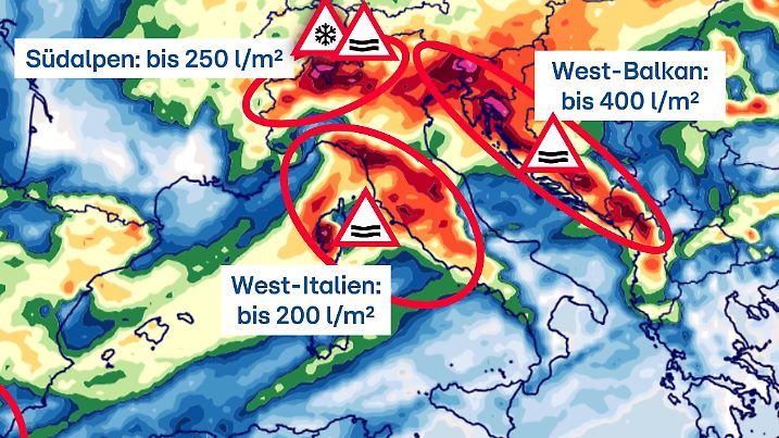 Unwetter-Hotspots bis Montagmorgen: Vom Südwesten bis zum Balkan drohen hunderte Liter Regen, Überflutungen und in den Alpen große Schneemengen.