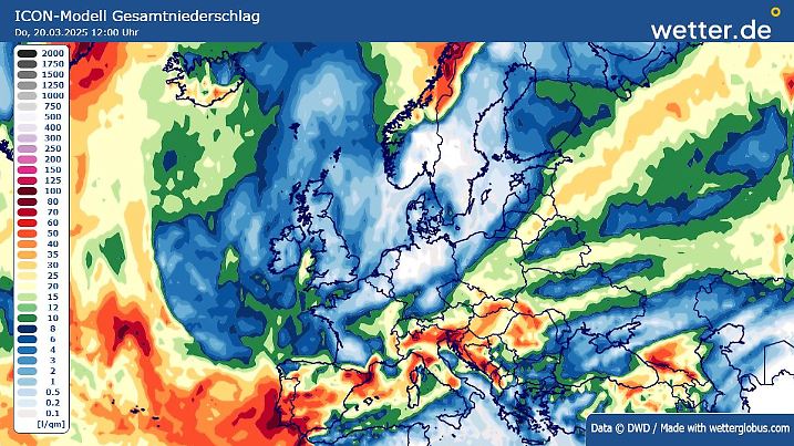 Deutschland bleibt größtenteils im Regenloch stecken, während es ringsherum große Niederschlagsmengen gibt (Summen bis Donnerstagmittag).