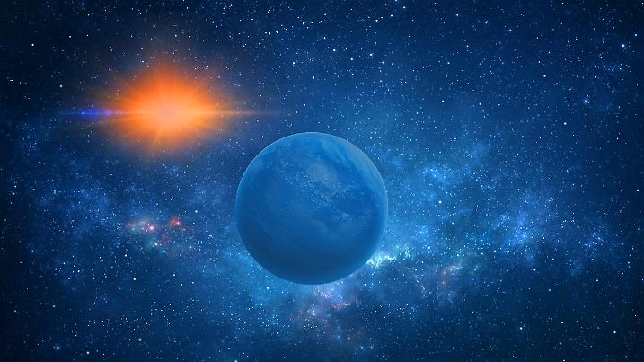 Exoplante K2-18 b und in der Ferne ein Roter Zwergstern