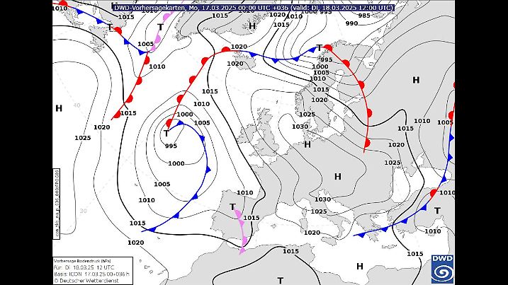 Die Grafik zeigt die Bodendruckverteilung am Dienstag, 18.03.2025