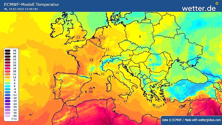 Die Temperaturverteilung am Mittwochmittag über Europa