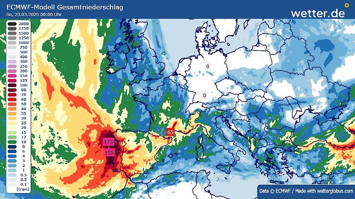 Niederschlagssummen bis Samstagabend, 22.03.2025