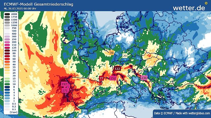 Die Regensummen für Europa für die nächsten 10 Tage