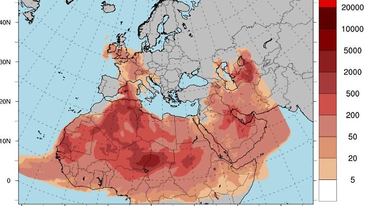 Saharastaub ist unterwegs (Quelle: meteo.gr)