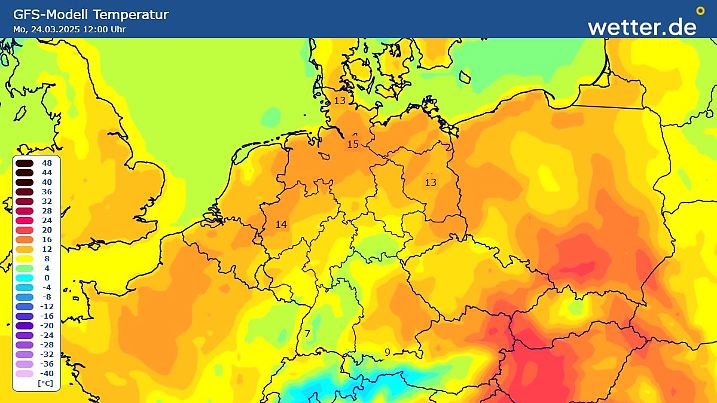 Temperaturhöchstwerte am Montag, 24. März, in Deutschland