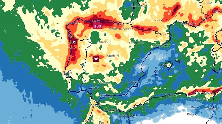 Niederschlagssumme in Spanien und Portugal