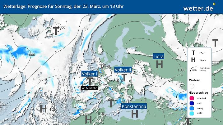 Die Wetterlage über Europa am Sonntag, 23.03.2025
