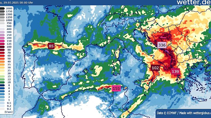 Regensummen in Südeuropa bis Freitag, 28. März 2025