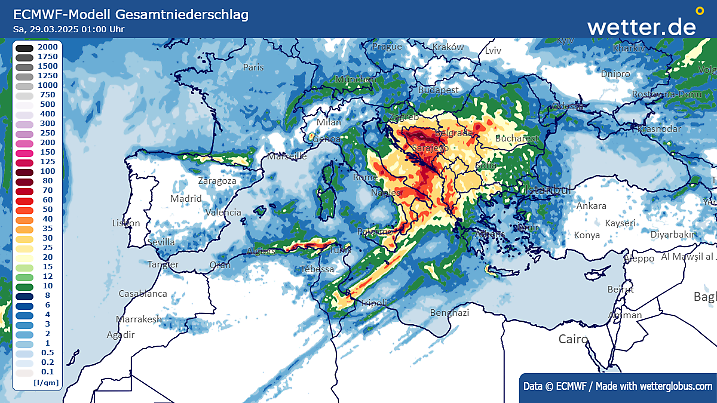 Regenschauer am Mittelmeer. Vor allem die Gebiete um die Adria trifft es besonders.
