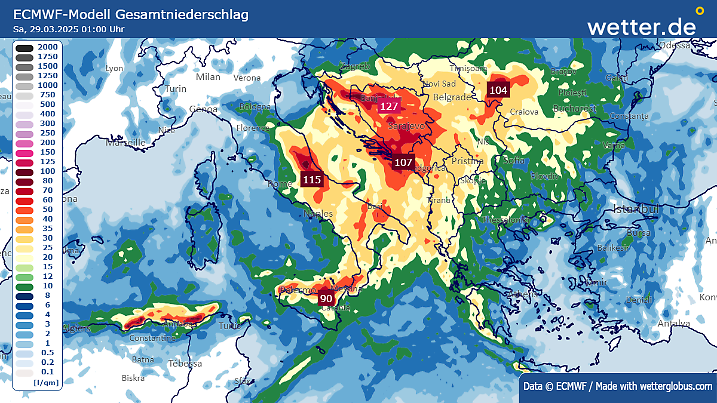 Regensummen in Italien und auf dem Balkan bis Freitag, 28. März