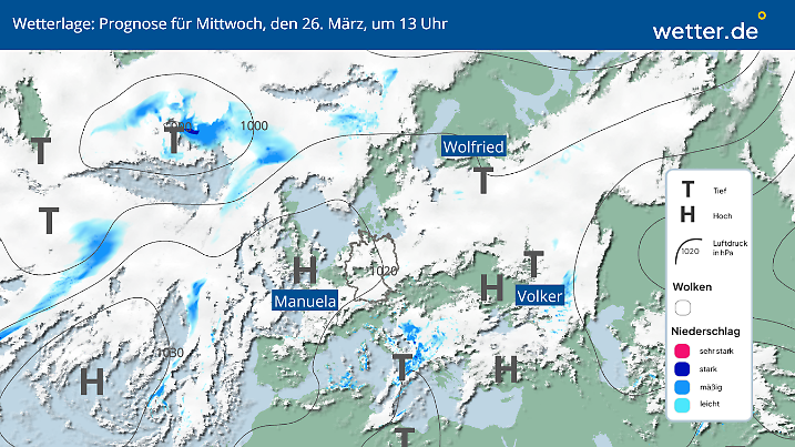 Wetterlage über Europa am Mittwoch, 26.03.2025