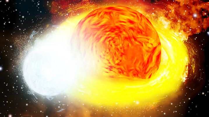 Ein Weißer Zwerg knabbert an der Materie des benachbarten Roten Riesen