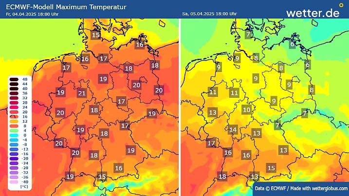 Vergleich: Höchstwerte Freitag, 4. April und Samstag, 5. April 2025 für Deutschland. Es kühlt deutlich ab.