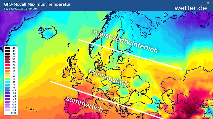 Nächstes Wochenende (12./13. April 2025) steckt der Winter wieder im Norden, während sich im Südwesten der Sommer ausbreitet.