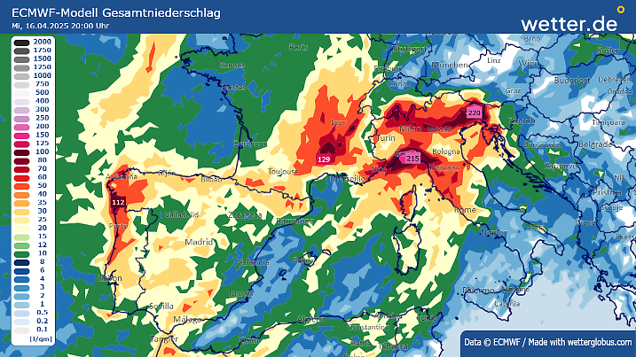 Regensummen in Südeuropa bis Mittwochabend, 26. April