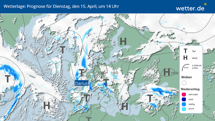 Die Wetterlage am Dienstag, 15.04.2025 um 14 Uhr