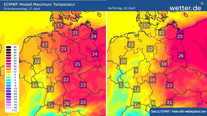 Krass! Um 25 Grad lassen im Osten den Sommer einziehen, während es im Westen deutlich kühler bleibt.
