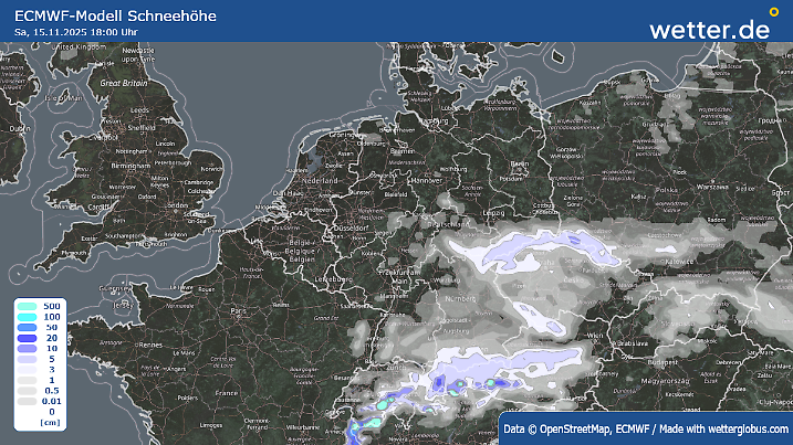 Schneehöhe im ECMWF-Wettermodell für Samstag: Das Europäische Wettermodell lässt es von Freitag bis Samstag in Deutschland schneien, von den östlichen Bergen bis zu den Alpen sogar mit Schneedecke.