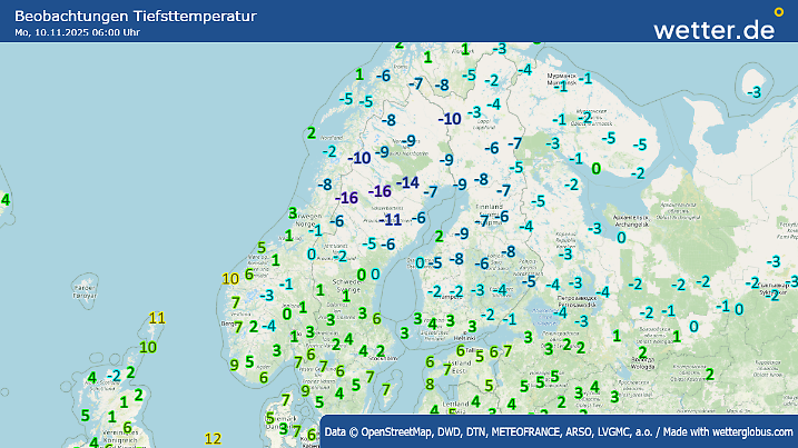 -16 Grad am Morgen des 10. November 2025 in der Nordhälfte Skandinaviens.