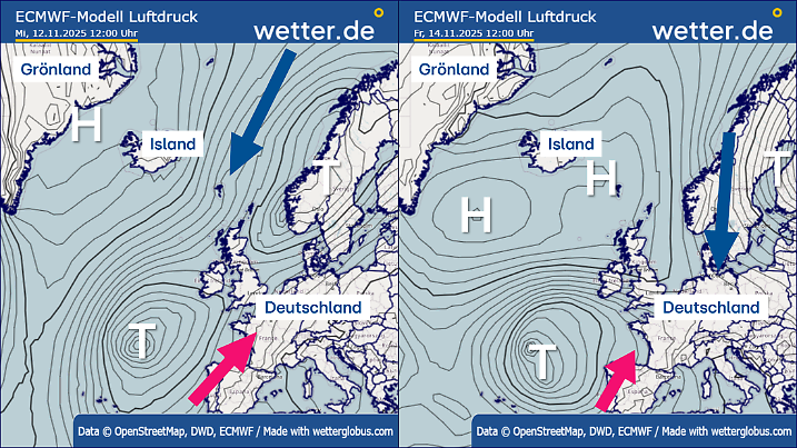Wetterlage am 12. (links) und 15. November 2025 (rechts)