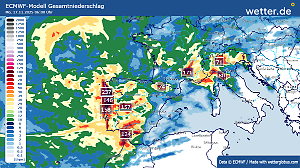 Regenmengen bis Montagmorgen