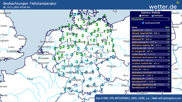 Am kältesten ist es von der Mitte südwärts sowie im äußersten Norden.