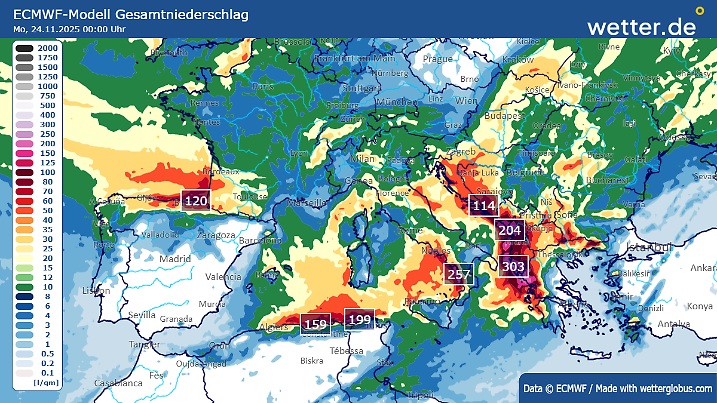  An der Adriaküste der Balkanländer bis nach West-Griechenland schüttet es bis zum Wochenende reichlich. 