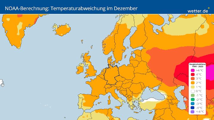 NOAA-Langfristmodell mit den Berechnungen zur Abweichung der Durchschnittstemperatur im Dezember 2025 vom 23. November 2025: Der Monat soll ein bis 2 Grad zu mild ausfallen.