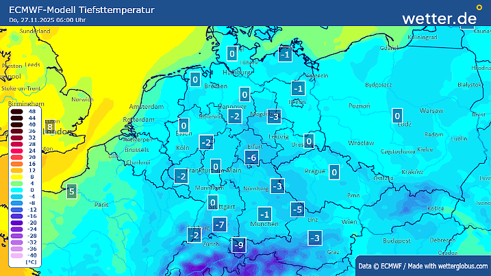 Die Tiefstwerte liegen am Donnerstagmorgen noch einmal fast überall unter dem Gefrierpunkt.
