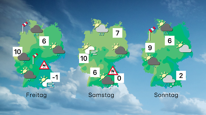 Ein Mix aus Nebel, Sonne, Nieselregen und möglichen Sturmböen im Nordwesten prägt das Wochenende. Lokal Glatteisgefahr, sonst meist ruhiger.