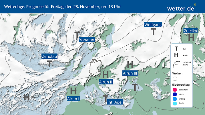 Die mächtigen Atlantiktiefs bringen Hoch Alrun ganz schön in Bedrängnis.