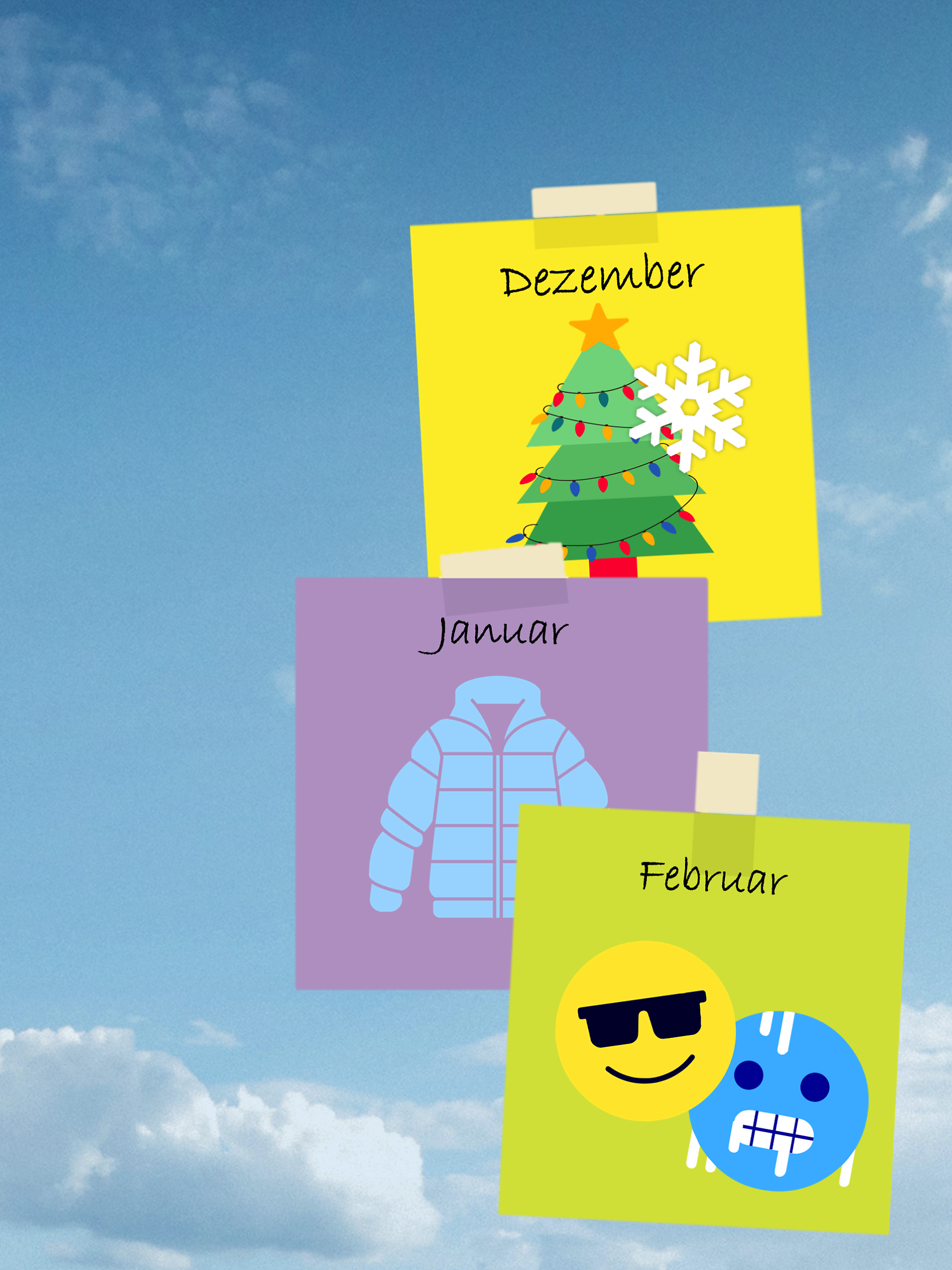 Winterprognose: Dezember, Januar, Februar als Post-Its mit Icons