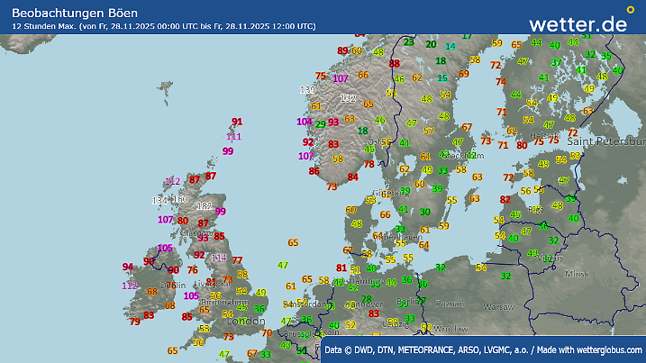 Windgeschwindigkeiten (max. Böen) von bis heute Mittag, 13 Uhr.
