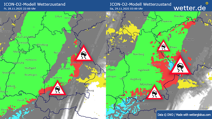 Glatteiswarnung für den Südosten Deutschlands in der Nacht vom 28. zum 29. November 2025