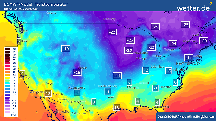 Tiefstwerte am Montagmorgen in Nordamerika