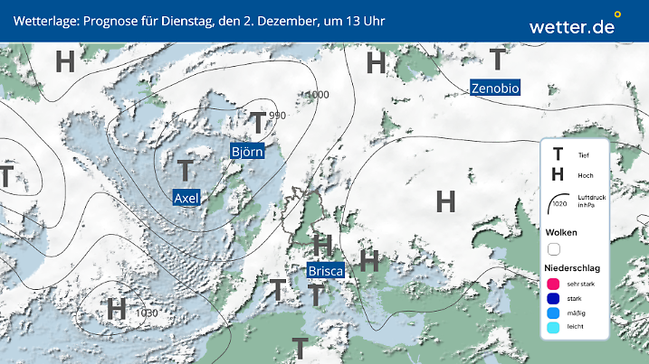 Ruhiges Hochdruckwetter prägt weite Landesteile, während im Westen und Nordwesten immer wieder Tiefausläufer mit etwas Regen durchziehen. 
