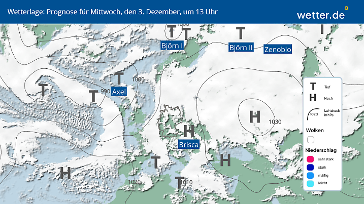 Im Osten Hoch Brisca, im Westen Tief Axel und Björn.