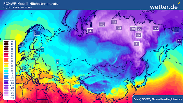 Diese Grafik zeigt die Prognosetemperaturen am Tag: In Sibirien ist es sehr kalt.