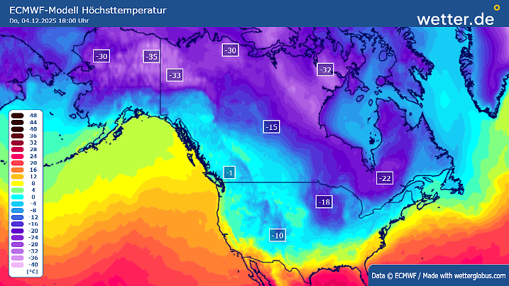 Prognose: Die Temperaturen am Tag in den kalten Regionen Nordamerikas.