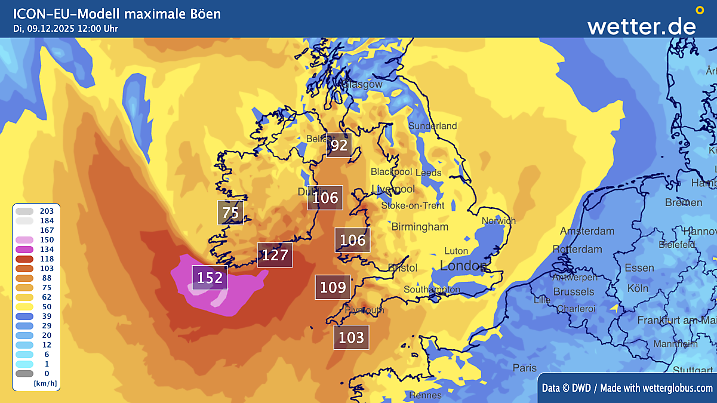 Über Westeuropa sind Böen bis über 150 km/h möglich.
