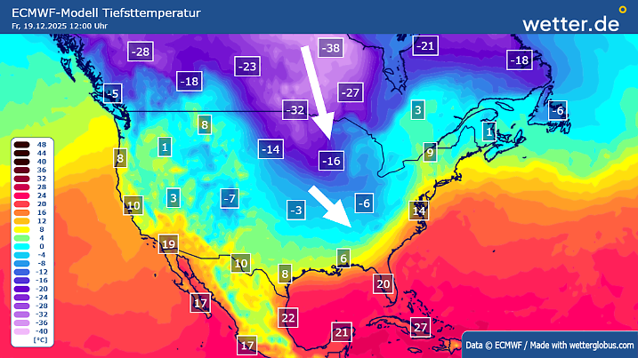 Tiefstwerte für Freitagmorgen (19.12.) Ortszeit in den USA