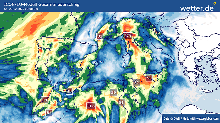 Niederschlagsmengen von Dienstag bis einschließlich Freitag im ICON-EU-Modell (16.12.2025).