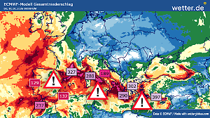 Niederschlagssummen im ECMWF für die nächsten zwei Wochen bis Neujahr 2026, Karte vom 17.12.2025
