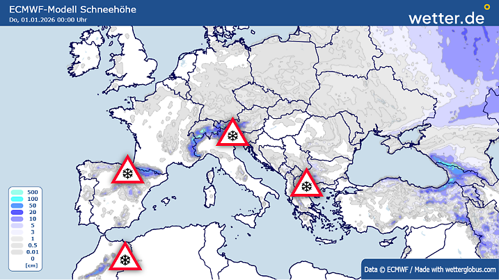 Schneehöhe im ECMWF-Modell, Berechnung vom 17.12.2025: Das europäische Wettermodell berechnet zu Weihnachten und wie hier zum Jahreswechsel in einigen Regionen Europas immerhin eine dünne Schneedecke. Im Bergland Südeuropas und auch im Hohen Atlas in Nordafrika kann aber einiges zusammenkommen.